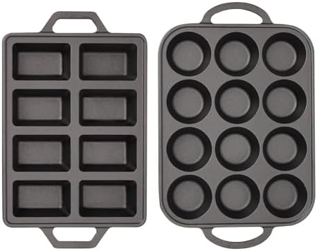 Flavehc Cast Iron Muffin Pans 12 Cup and Cast Iron Mini Loaf Pans 8 Cavity Regular Size Cupcake Pan Pre-Seasoned Loaf Pans Molds for Baking