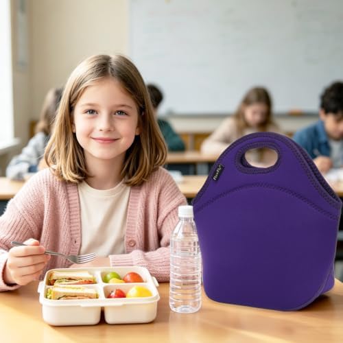 FlowFly Neoprene Kids Lunch box Insulated Soft Bag Mini Cooler Thermal Meal Tote Kit for Boys, Girls,Men,Women,School,Work, Office, Purple