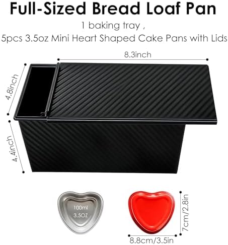 Saiveina 【5 Bonus Heart Shaped Cake Pans 】 Pullman Loaf Pan with Lid, 1 lb Bread Loaf Pan Non-Stick Carbon Steel, Square Bakeware for Sandwich, Shokupan, Pain de Mie, Sourdough, Toast, Black