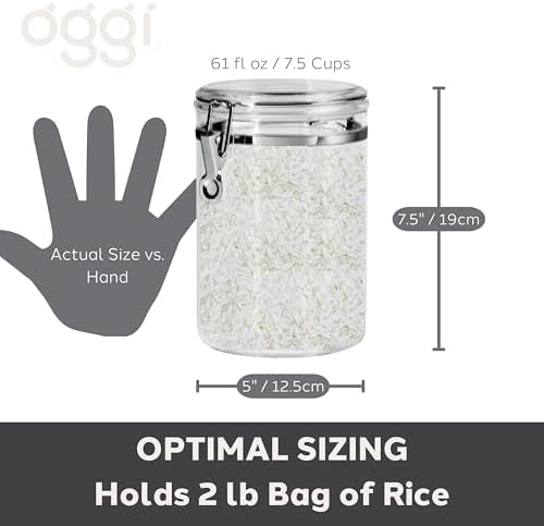 Oggi Medium-Sized Clear Canister with Clamp Lid, 61 oz - Large Airtight Food Storage Container, for Kitchen & Pantry Storage of Bulk, Dry Foods, Pasta, Flour, Sugar, Coffee, Rice, Tea, Spices & Herbs