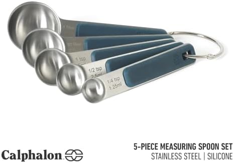 Calphalon Prime Measuring Spoons, Plastic Measuring Spoon Set, 5-Piece Stainless Steel Measuring Spoons Navy Silicone Handle Accurate, Durable for Spices and Small Portions