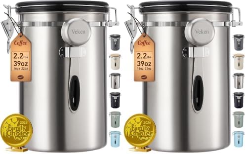 Veken Coffee Canister,39OZ, 2.2lbs,Large Airtight Stainless Steel Container Kitchen Food Storage Jars for Beans,Ground, Espresso, Rice,Tea, Sugar, Cereal, Gifts, Date Tracker, Scoop, Silver(Pack of 2)
