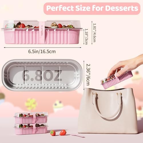 100 Pack Mini Loaf Pans with Lids and Spoons, 6.8oz Mini Cake Pans for Baking, Disposable Rectangle Aluminum Foil Small Loaf Baking Pans Cake Tins, Individual Small Cake Containers with Sticker, Pink