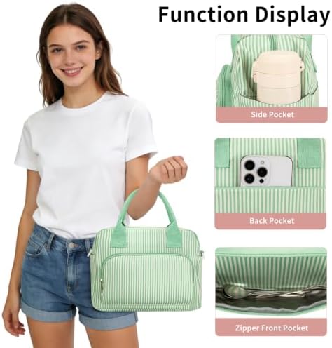 GASSDA Lunch Box for Women Insulated Lunch Bag Women Adult Cute Lunch Bags Reusable Lunchbox Cooler Tote Bag for Work Picnic (Green and white stripes)