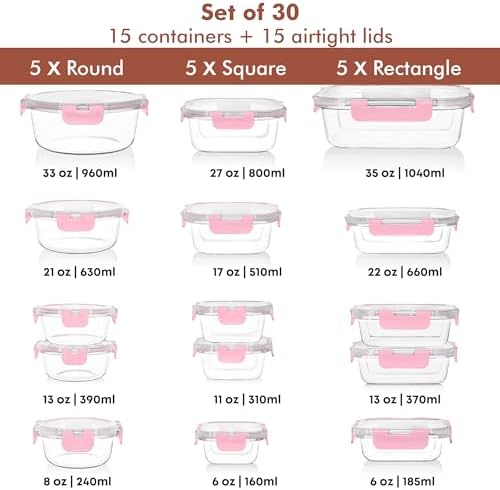 Razab 30 PC Glass Food Storage Containers with Lids - Reusable Glass Meal Prep Containers for Lunch and Leftovers - Airtight & Leakproof Snap Locking Lids - Oven, Freezer, Microwave, Dishwasher Safe