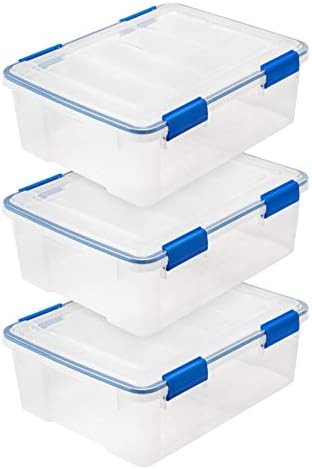IRIS USA 3-Pack 26.5 Qt Storage Bins with Gasket Lids, Clear/Blue