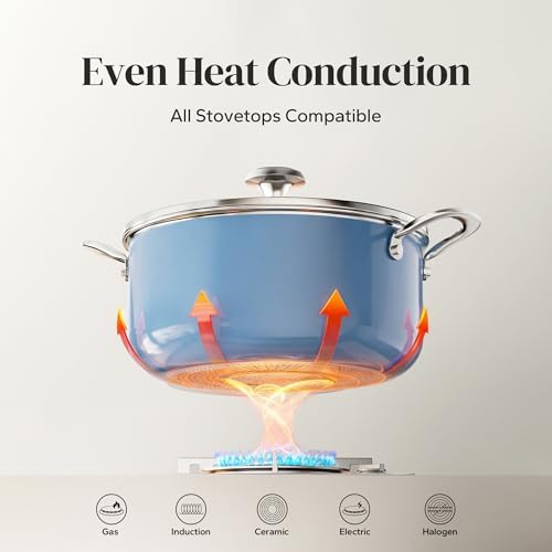 Redchef Ceramic Stock Pot, Induction Cooking Pot with Glass Lid for Soup, 5Qt Stockpot Nonstick Soup Pot, Even Heating, Stay-Cool Handles,Fits All Stoves, Oven/Dishwasher Safe, PFAS Free (Blue)