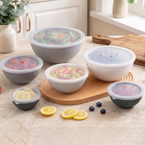 BoxedHome BPA Free Plastic Round Mixing Bowl with Lids, 12 Pack Nesting Bowls with Lids Set, Microwave and Dishwasher Safe Prep & Serving Bowls Great for Mixing, Baking, Serving (Grey, 12pcs)