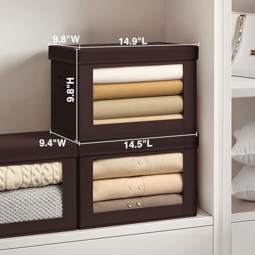 Homsorout Foldable Storage Boxes with Clear Window - Clothes Organizers and Decorative Bins with Lid, Fabric Storage Cube, Baskets for Shelves, Yarn, Home, Brown, 3 Pack