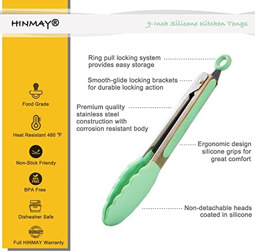 HINMAY 9-Inch Serving Tongs with Silicone Tips, Set of 3 (Mint Pink Yellow)