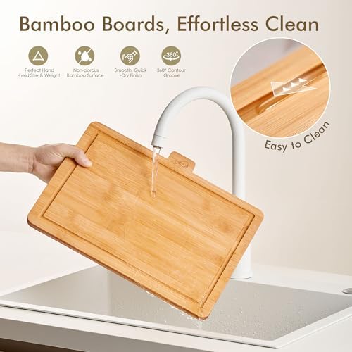 Bamboo Cutting Boards for Kitchen, Wooden Set of 3 with Holder
