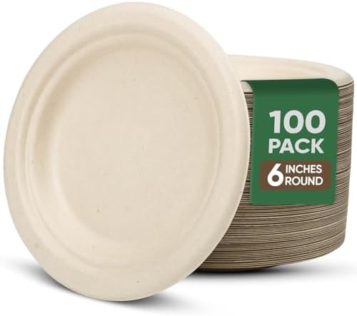 TaidMiao 6 inch Paper Plate 100 Pack Small Disposable, 100% Compostable