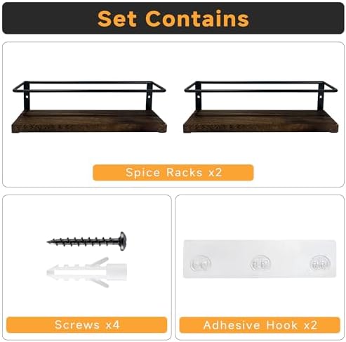 2-Tier Wall Mount Spice Rack Organizer - Screw/Adhesive Mount, Black Metal & Wood Spice Storage for Kitchen Pantry Cabinet, 11.6”L x 2.4”W x 3.2”H,Spice Jars Not Included