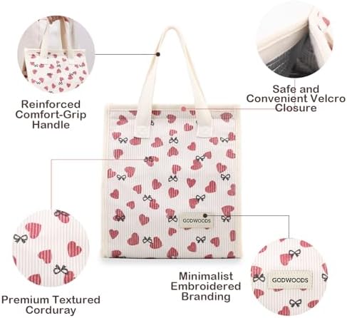TELLUMO Corduroy Insulated Lunch Bag, 7.75L Large Capacity Reusable Lunch Box, Cute Lunch Tote for Women Men, Leakproof Lunch Cooler for Work Picnic Travel (Corduroy Love)