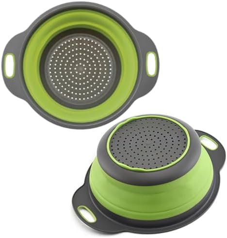 Small Collapsible Colander with Plastic Handles Round Silicone Kitchen Strainers Foldable Kitchen Strainer Perfect for Draining Pasta Vegetable and Fruit Green