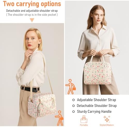 Lunch Bag Large Insulated Lunch Box for Women Men Adult Cute Pink Floral Lunchbox Corduroy Lunch Bags Boxes Pail with Shoulder Strap for Work Mom Picnic Office Travel 11.4×6.8×9.1 inches 11.5L Beige