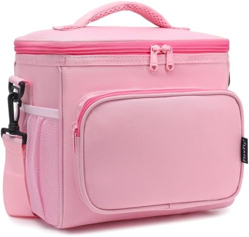 FlowFly Insulated Reusable Lunch Bag Adult Large Lunch Box for Women and Men with Adjustable Shoulder Strap,Front Zipper Pocket and Dual Large Mesh Side Pockets,Pink