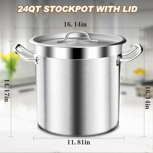 24QT Large Stock Pot - Stainless Steel Stockpot with Lid, Heavy Duty Tri-Ply Bottom Commercial Grade Soup Pot Big Stockpots for Boiling Soup Stew Canning Cooking Pots, Deep Cookware