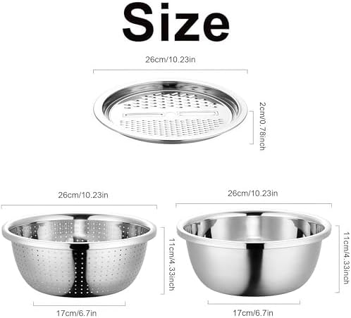 Multifunctional Stainless Steel Basin, Germany 3 In 1 Grater Strainer Vegetable Cutter with Drain Basket Salad Maker Bowl for Kitchen 10.5 inch