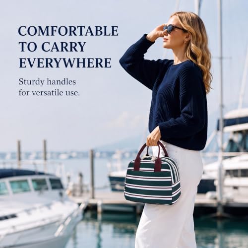 LOVELYWIND Lunch Box for Women, Insulated Lunch Bag, Green Striped Tote