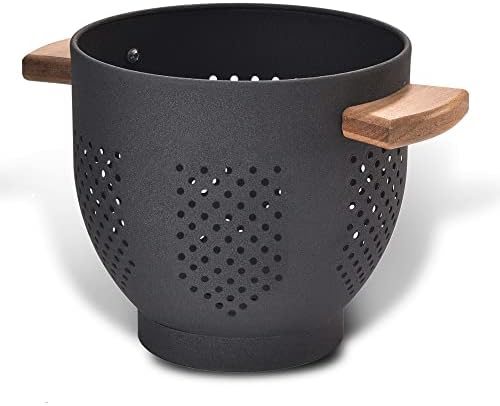 Metal Colander with Wood Handle and Stable Base, Powder Coated Steel Kitchen Strainer Basket for Draining Pasta, Vegetable and fruit(3quart,Matte Black)