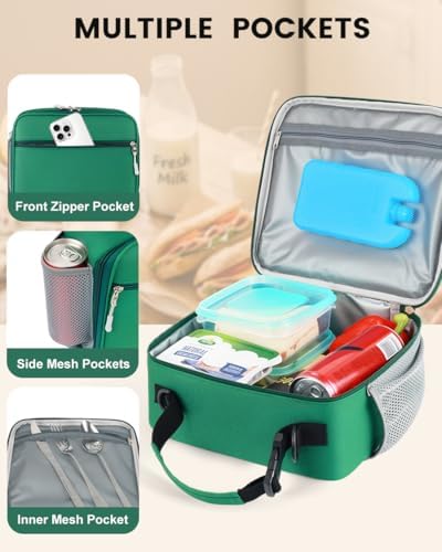 Insulated Lunch Box for Men Small, Green Mens Lunch Bag with Strap
