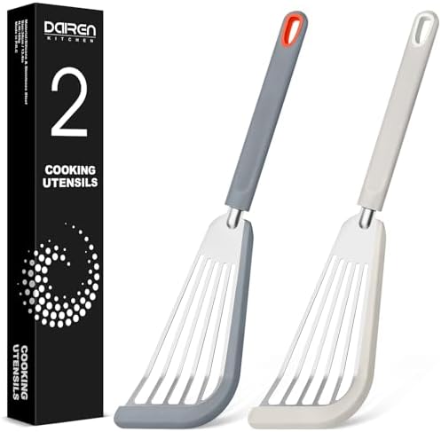 Fish Spatula Turner,Thin Slotted,Stainless Steel With Silicone Edge,2 Pack