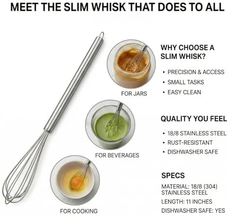 11-Inch Slim French Whisk, Small Whisk, 18/8 Stainless Steel, Long Handle