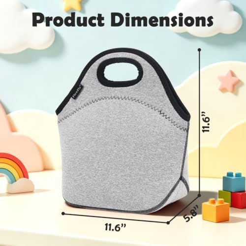 FlowFly Neoprene kids Lunch box Insulated Soft Bag Mini Cooler Thermal Meal Tote Kit for Boys, Girls,Men,Women,School,Work, Office, Grey
