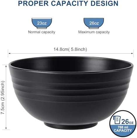 HOTEC BPA Free Unbreakable Wheat Straw Cereal Bowls - Microwave & Dishwasher Safe Soup and Salad Bowls, Set of 8, 26oz, Black (Pack of 2)