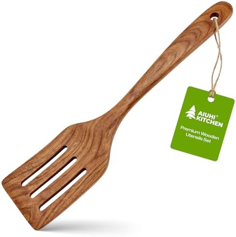 AIUHI Teak Wood Slotted Spatula, Wooden Spatula for Cooking, Non-Stick Safe Turner with Hanging Hole, Ideal for Flipping Pancakes, Burgers & Fish
