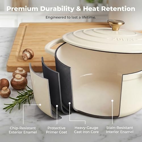Zulay Kitchen 7.7 Quart Enameled Cast Iron Dutch Oven Pot with Lid – Premium Durability & Oven Safe up to 500°F – Heavy Duty Cookware Perfect for Bread Baking, Stews, Braising & Roasting – Ivory