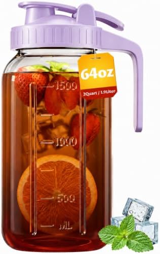 64oz Mason Jar Pitcher, 2quart Glass Pitcher with Lid for Tea & Cold Brew