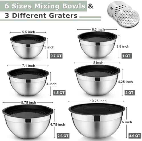 P&P CHEF Mixing Bowls with Lids Set of 6, Nesting Salad Bowl, Black