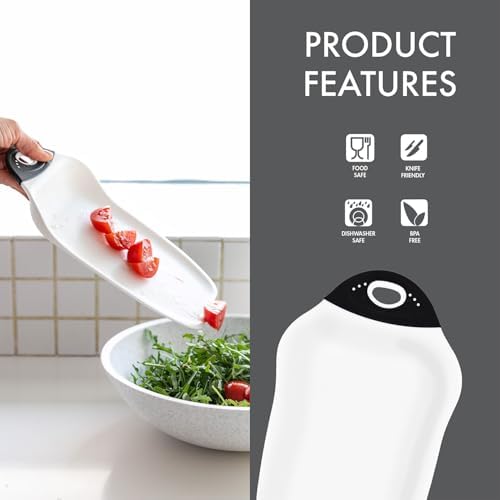 Dexas Chop & Scoop Cutting Board with Non-Slip Feet, 6.5 x 10.5 Inch, BPA-Free Dishwasher Safe Kitchen Prep Board, White and Black