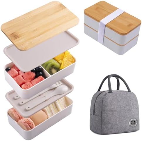 Japanese Bamboo Bento Box with Compartments and Utensils Stackable Lunch Box Includes Lunch Bag for Meal Prep Beige