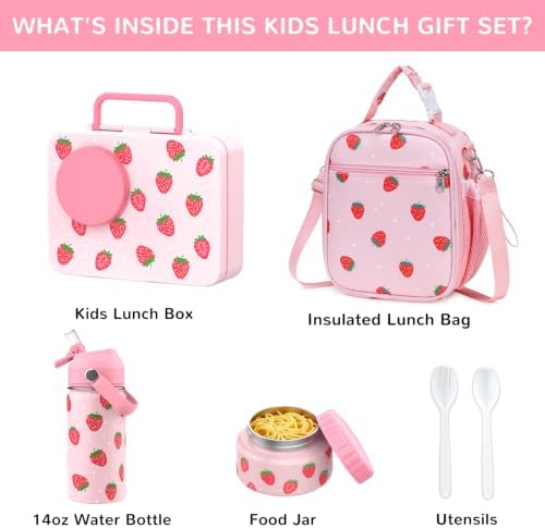Kids Bento Box with Food Jar, Water Bottle, Lunch Bag, Strawberry