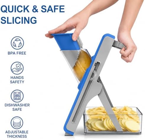 Eletronova Safe Mandoline Slicer for Kitchen, Vegetable Slicer with Container, French Fry Cutter, All in 1 Julienne Slicer for Potato, Thickness Adjustable, Detachable Blade (Dark blue)