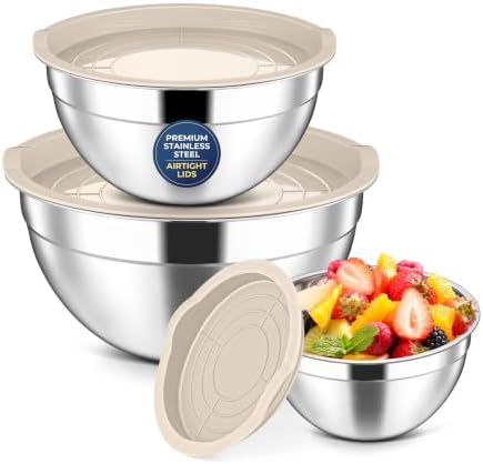 Herogo Stainless Steel Mixing Bowls with Lids Set of 3, 1.5/3/4.6Qt, Khaki