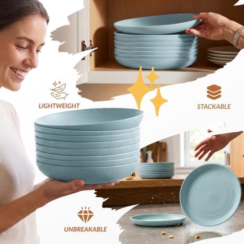 Homienly Wheat Straw Deep Plates 9 Inch Unbreakable & Lightweight Plastic Dinner Plates Alternative for Dessert, Sandwich 8 PCS Microwave & Dishwasher Safe Reusable Plate for Camping, RV-Light Blue