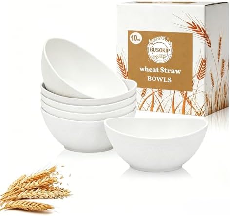 Wheat Straw Bowls Set of 6, Unbreakable Small Plastic Bowls 10oz, Small Serving Bowls for Ice Cream, Yogurt, Snack, Dessert, Microwave & Dishwasher Safe Mini Bowls for Kitchen, Party - White