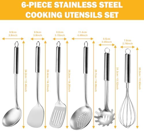 6-Piece Kitchen Cooking Utensils Set, Stainless Steel Kitchen Utensils with Suspendable Handle, Spatula, Slotted Turner, Soup Ladle, Slotted Spoon, Whisk, Pasta Server, Dishwasher Safe