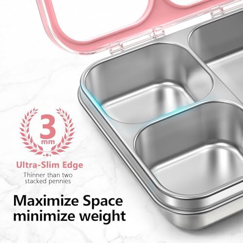 HOMEKOL Stainless Steel Bento Lunch Box 3-Compartment, 4.2Cups, Pink