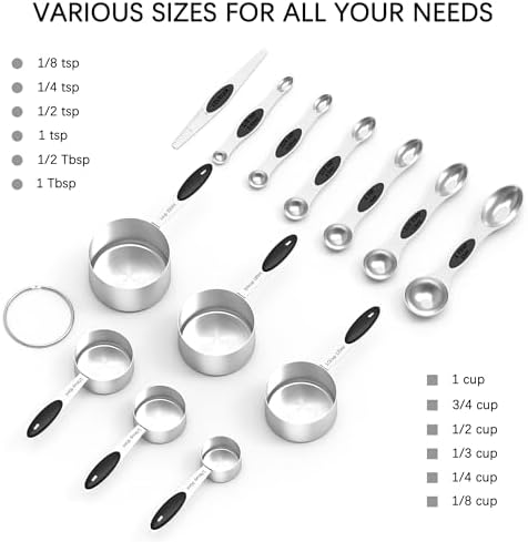 TILUCK Stainless Steel Measuring Cups and Spoons Set with Silicone Handle – Nesting Design for Space-Saving, Heavy Duty & Dishwasher Safe for Dry/Liquid Ingredients, Cooking & Baking (13)