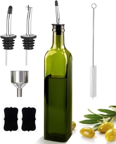 Leaflai Glass Olive Oil Dispenser and Vinegar Dispenser Set with 2 Stainless Steel Pourers, 4 Labels, 1 Brush and 1 Funnel Oil Bottles for Kitchen (500ml)