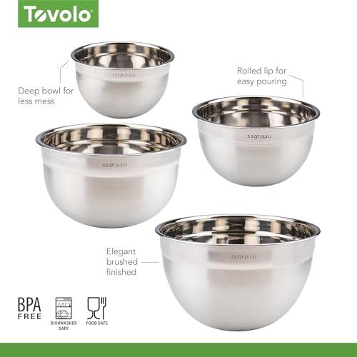 Tovolo Stainless Steel Mixing Bowls Set of 4 Small Medium Large XL Metal Bowl Set for Cooking Baking Prep, Dishwasher Safe Nesting Mixing Bowls Set, Freezer Storage and Mixer Safe Heavy Duty Bowls
