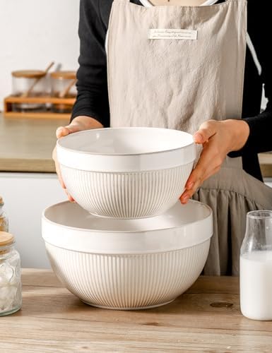 Ceramic Large Glazed White Stripe Mixing Bowls for Kitchen, Set of 2 Big Serving Bowls for Cooking, Popcorn, Salad, Soup, Baking, Dough Bread Making Bowl, 10 inch + 8 inch