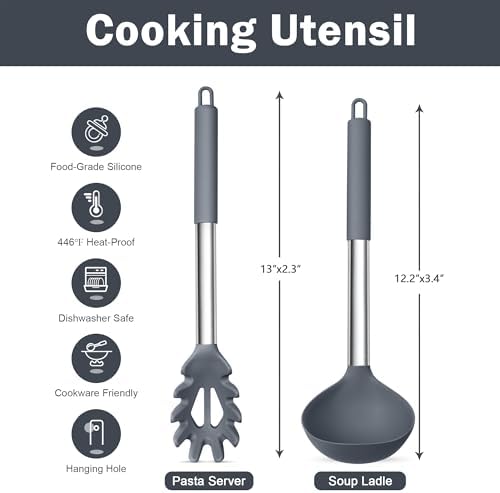 TeamFar Silicone Pasta Fork and Ladle, Nonstick Kitchen Utensils, Gray