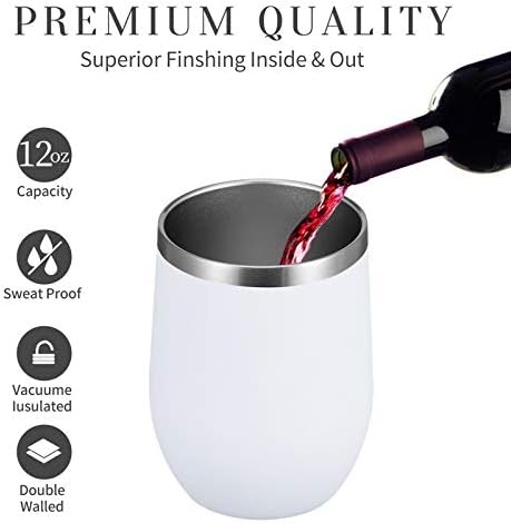 MEWAY 12 OZ/12 Pack Wine Tumbler Glasses with Lid -Double Wall Vacuum Stainless Steel Travel Tumbler Mug,Stemless Insulated Wine Cup for,Coffee,Cocktails,Gifts (White,Set of 12)
