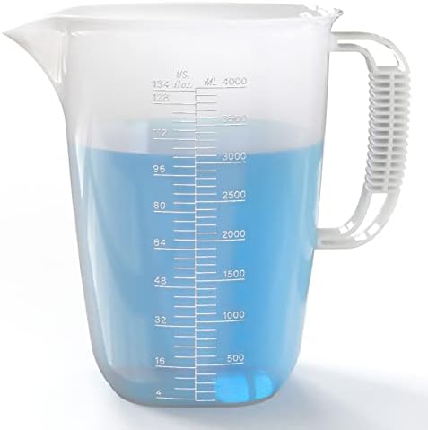 1 Gallon Measuring Pitcher-Convenient Conversion Chart,134oz Extra Large Plastic Measuring Cup-Strong Food Grade Material,Graduated Mixing Pitcher Great for Lawn,Pool Chemicals, Motor Oil and Fluids